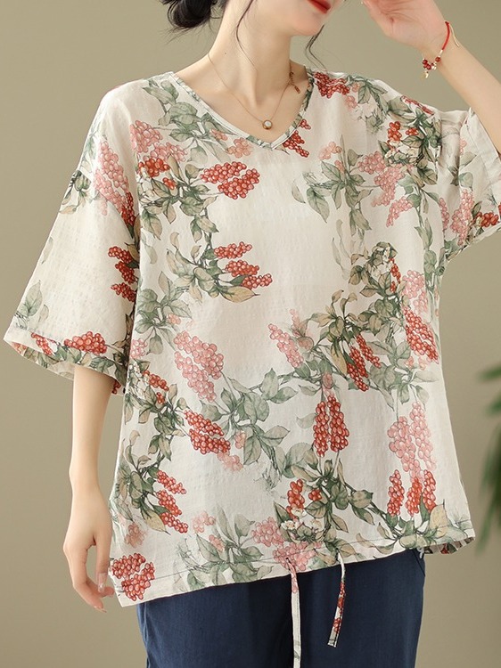 Summer Loose Cotton Linen Prin - Short Linen Drawstring ulasan dan harga