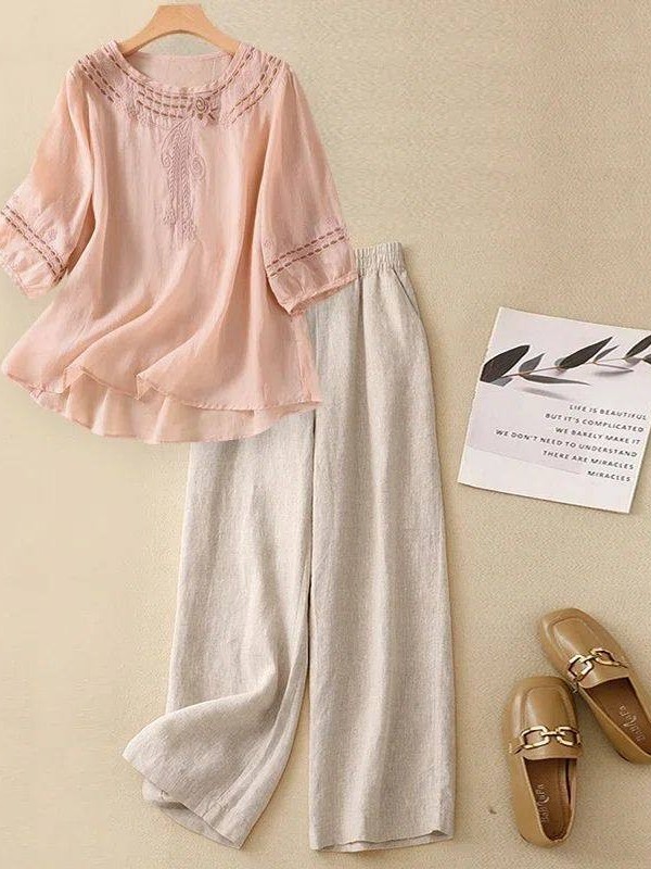High-End Cotton Linen Set Wome - Linen Shirt Breathable ulasan dan harga