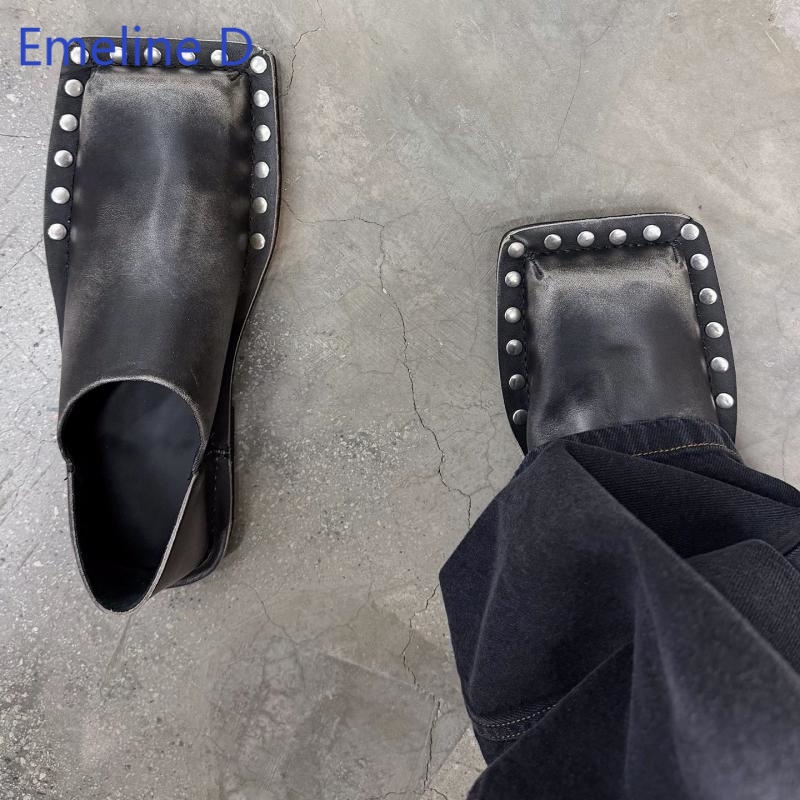 Unisex Square Toe Mule Slides  - Flip Flop Leather Men ulasan dan harga
